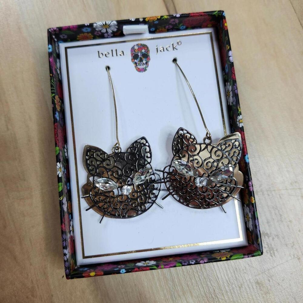 Bella Jack Cat Earrings Dangle Drop Filigree Rhinestone Kitty Halloween